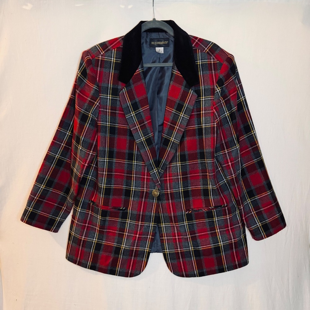 Requirements Vintage Plaid Wool Blend Blazer Red Black Velvet Collar Size 16